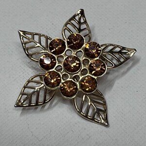 Vintage Brass Brooch with Earthy Rhinestones